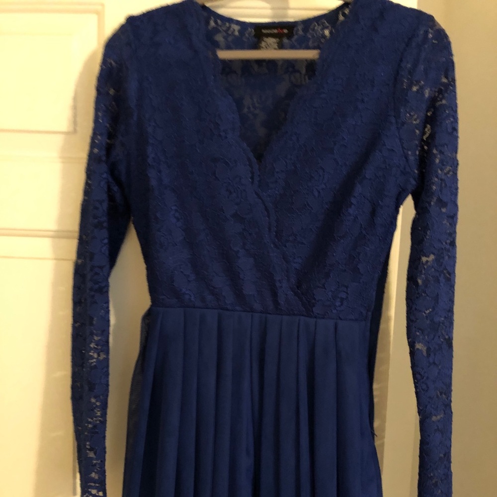 Blue V-Neck Lace Sleeve Fit and Flare Dress